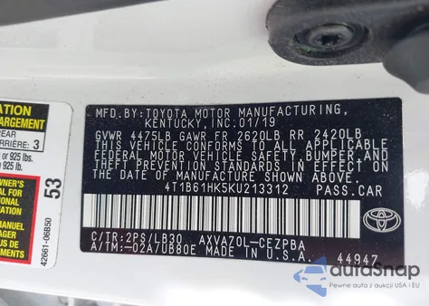 2019 Toyota Camry Xse z USA, uszkodzony, nr VIN 4T1B61HK5KU213312